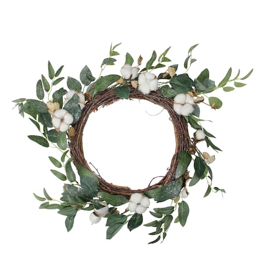 18&#x22; Unlit White Cotton Flowers With Foliage Spring Twig Wreath
